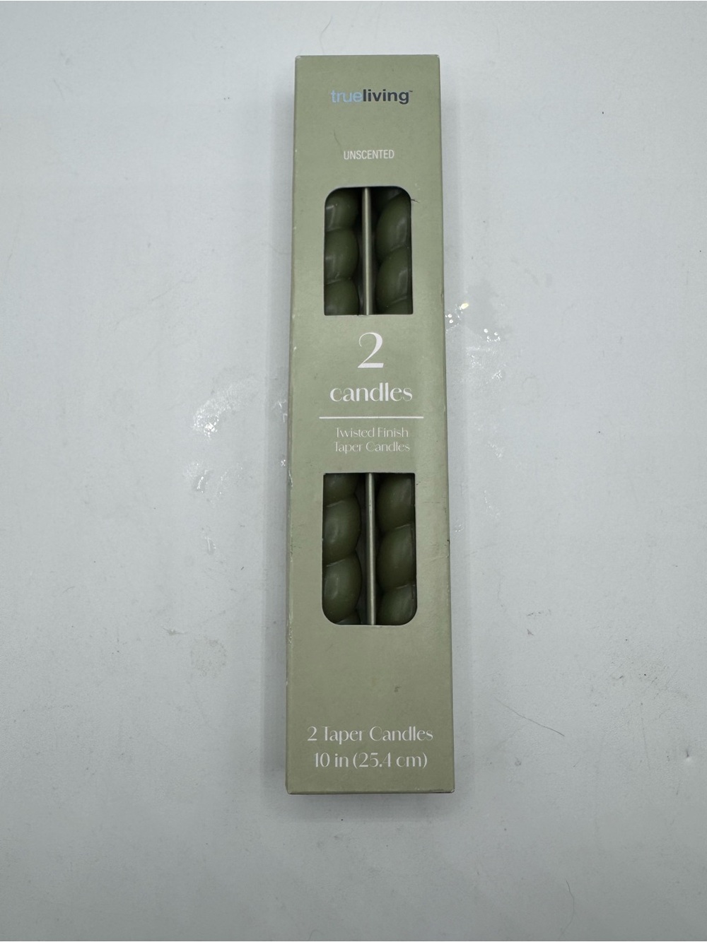 True Living 2 Twisted Taper Candles 10in Green Unscented New in Box